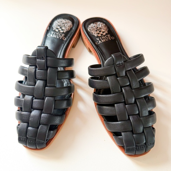 Vince Camuto Shoes - Vince Camuto Cresetia Black Leather Woven Slip-On Sandals Block Heel